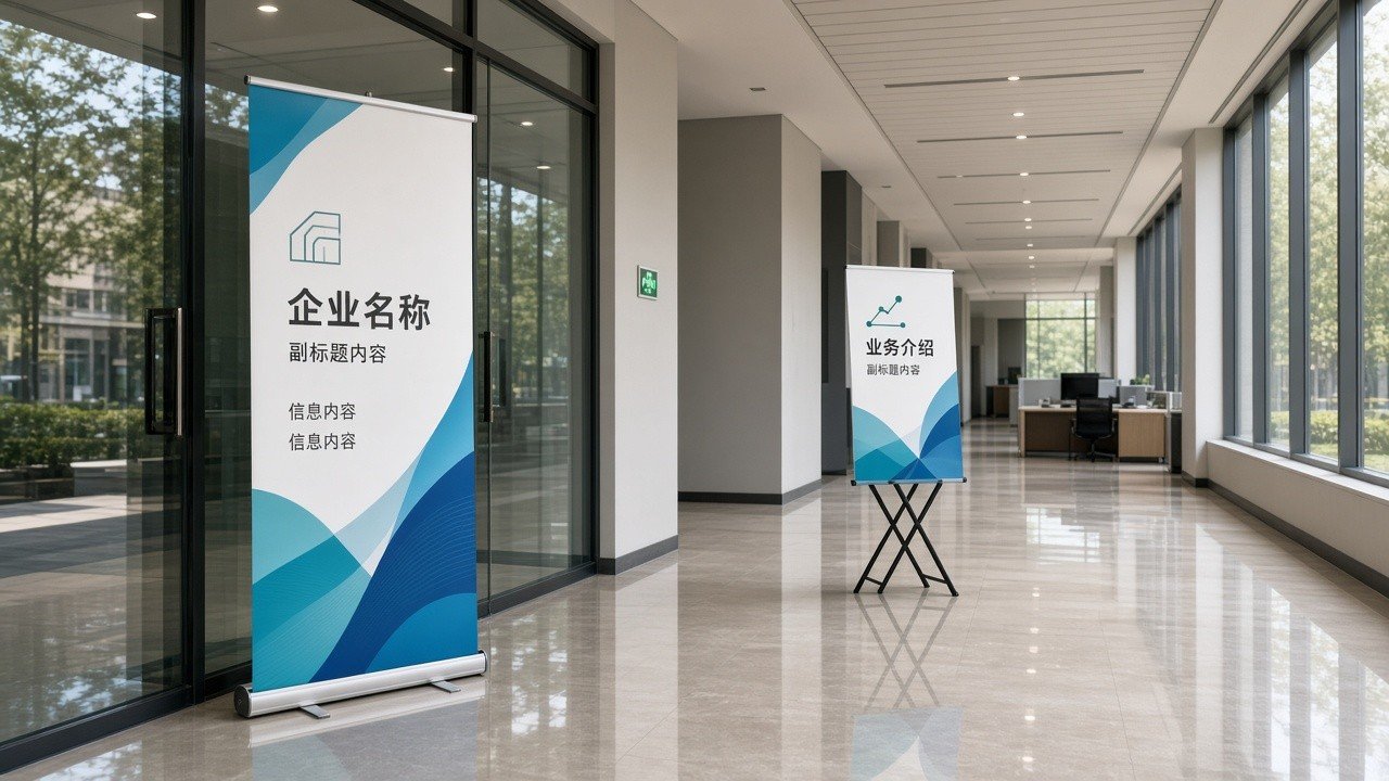 室内走廊门店场景：前景易拉宝与后方X展架便携展具摆放