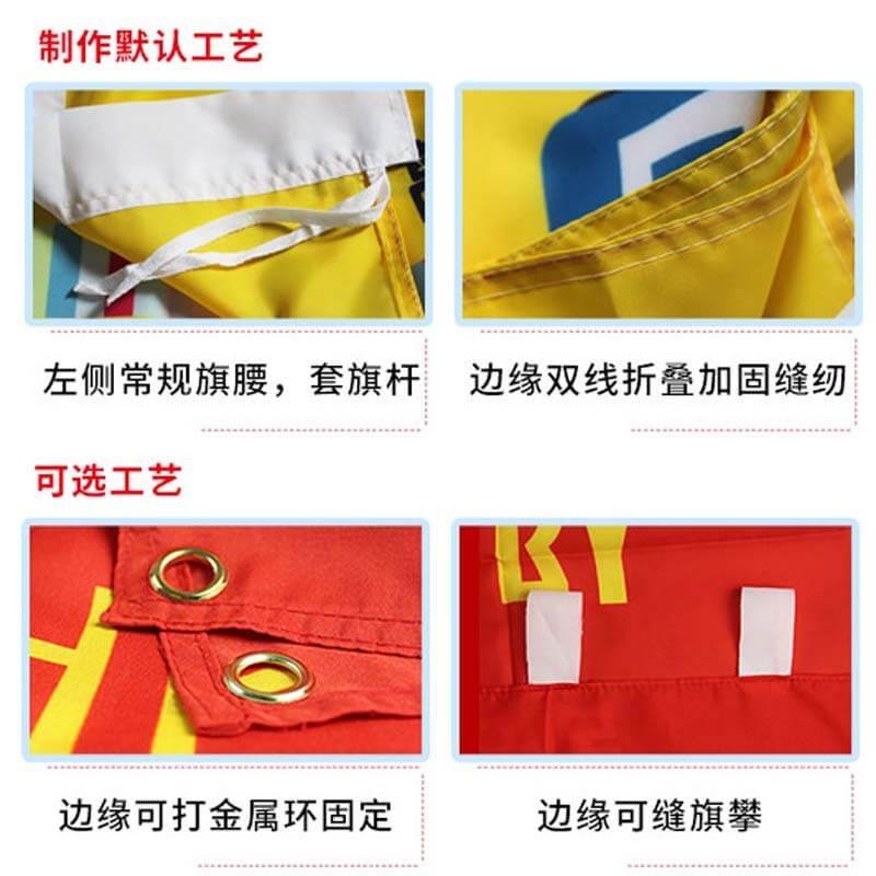 青岛公司旗帜可选固定工艺：常规旗腰套杆、双线包边、金属环与旗攀示意