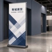 青岛展会通道中的易拉宝实物场景，卷轴底座与画面立于展厅走廊