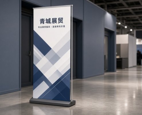 青岛展会通道中的易拉宝实物场景，卷轴底座与画面立于展厅走廊