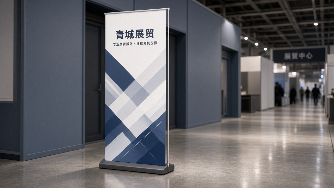 青岛展会通道中的易拉宝实物场景，卷轴底座与画面立于展厅走廊