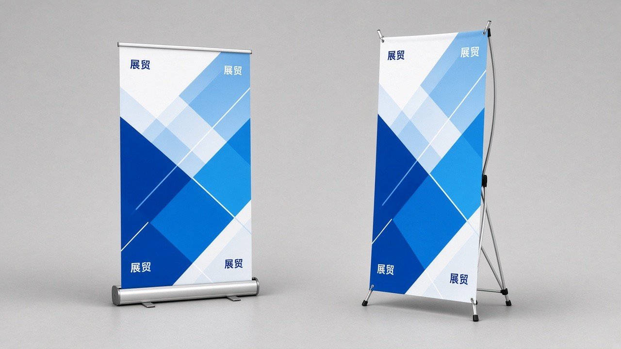 易拉宝与X展架并排对照实拍风示意，左侧卷轴展架右侧X形支架