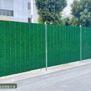 青岛彩钢围挡定制示意：户外路边小草图案彩钢围挡模块竖立连续围蔽，银白立柱连接