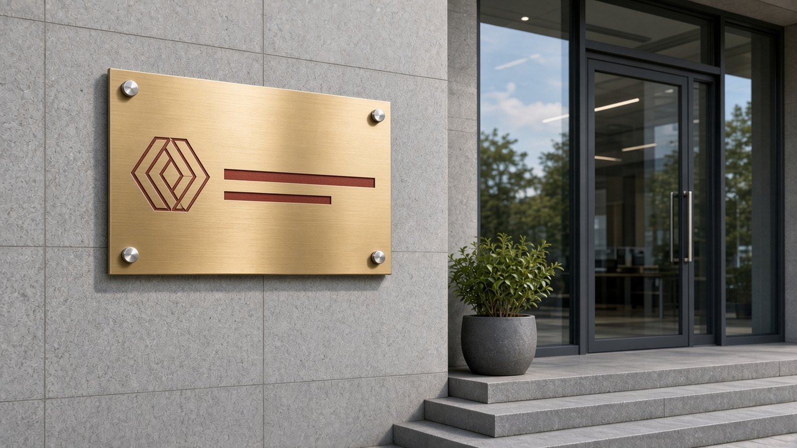 青岛公司铜牌制作示意:办公楼门口花岗岩外墙上用四颗不锈钢广告钉固定的钛金公司牌,表面拉丝金色,蚀刻红色LOGO与字条