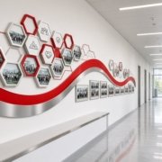 青岛企业文化墙定制示意：办公走廊墙面固定安装红白亚克力六边形图文模块、不锈钢造型线条与团队照片墙，属长期文化走廊而非活动喷绘背景