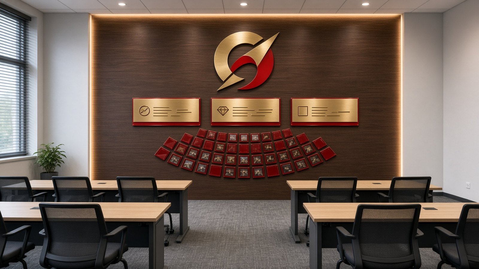 青岛企业愿景使命墙示意：培训室木质底板墙面安装钛金价值观牌、红色亚克力照片模块与背光立体造型