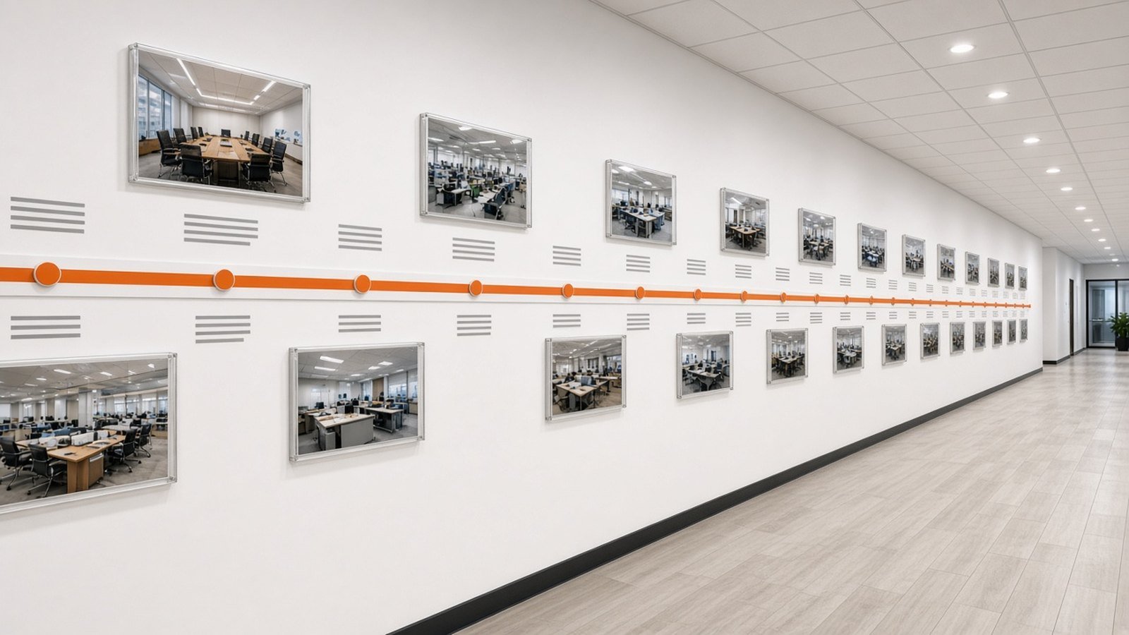 青岛公司发展历程墙示意：走廊白墙上一条橙色时间线串起节点与亚克力照片框，末端可逐年增补