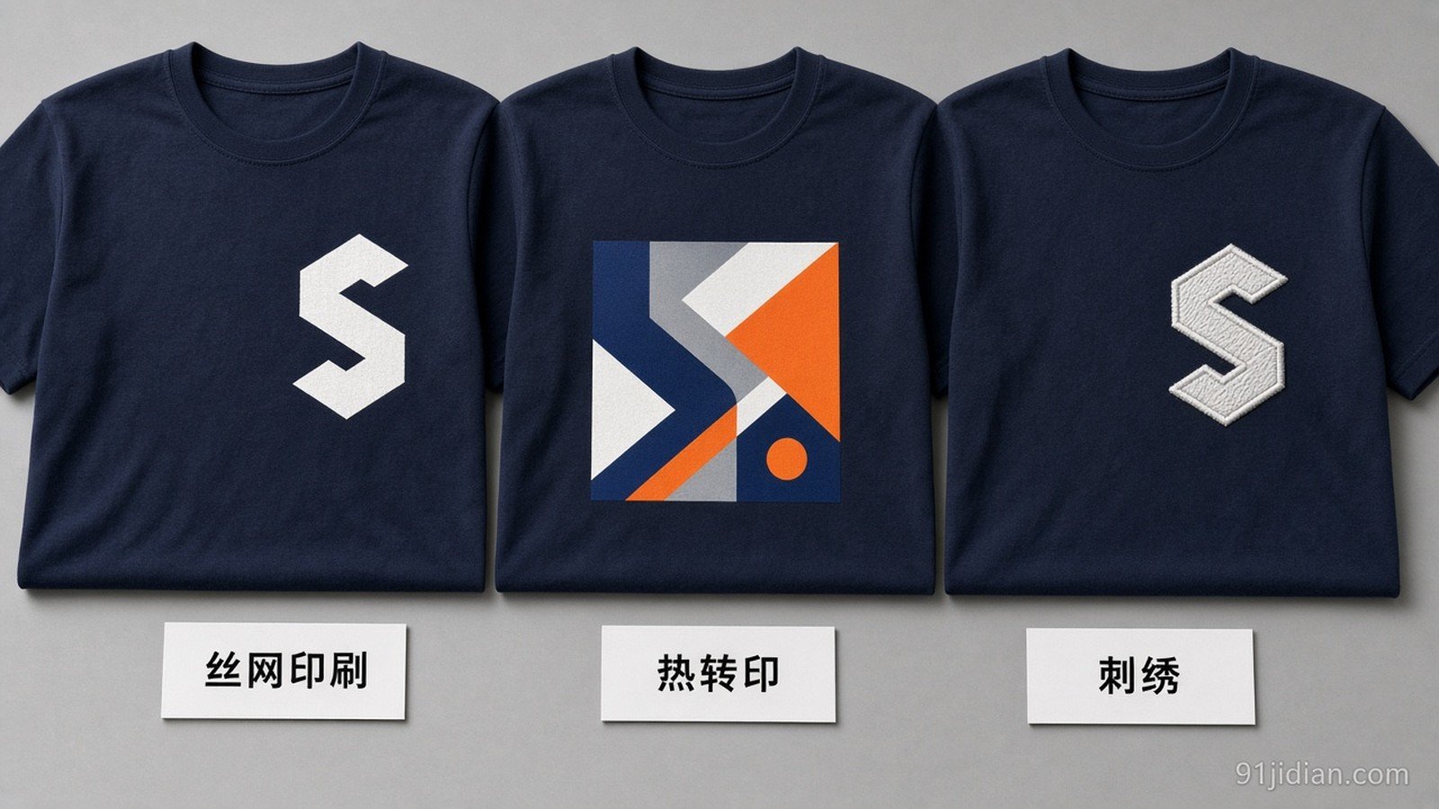 文化衫丝网印刷、热转印、刺绣三种工艺对照：三件藏青色短袖成衣平铺，胸前装饰分别为平面油墨、彩色转印块与凸起刺绣