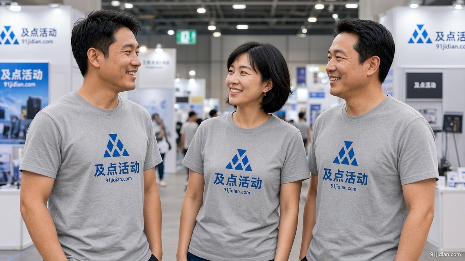 青岛展会队服文化衫印字示意：展会现场工作人员穿浅灰短袖，胸前印有及点活动标识