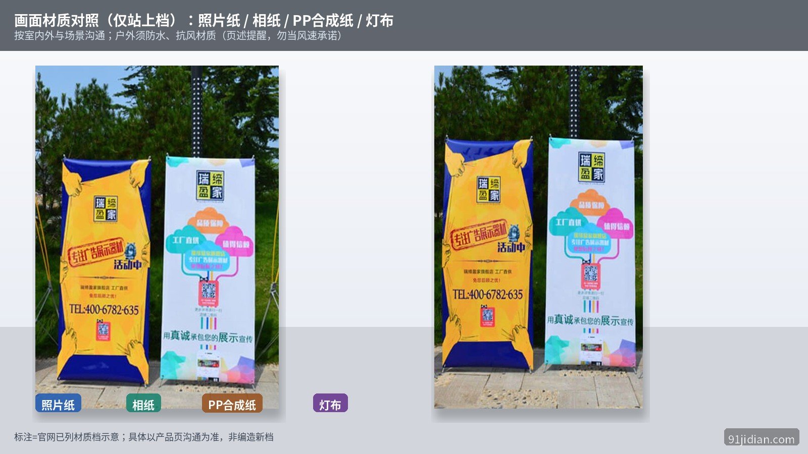 X展架画面材质对照：照片纸/相纸/PP合成纸/灯布（仅站上档）
